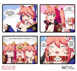 Rule 34 | 3girls, :3, animal ears, animal hands, apron, bell, blue ribbon, blush, bow, breasts, cat paws, choker, cleavage, closed eyes, collar, detached sleeves, english text, fangs, fate/grand order, fate (series), fox ears, fox tail, gameplay mechanics, glasses, gloves, hair bow, hair ribbon, highres, japanese clothes, jingle bell, keita naruzawa, koyanskaya (assassin) (first ascension) (fate), koyanskaya (fate), large breasts, long hair, looking at viewer, maid headdress, multiple girls, neck bell, one eye closed, open mouth, paw gloves, pink hair, red ribbon, ribbon, side ponytail, smile, speech bubble, surprised, tail, tamamo (fate), tamamo cat (fate), tamamo cat (second ascension) (fate), tamamo no mae (fate/extra), tears, very long hair, yellow eyes