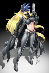 Rule 34 | 1girl, abs, absurdres, beelstarmon, belt, belt collar, black belt, black gloves, black jacket, black mask, black pants, black scarf, black vest, blonde hair, breasts, collar, commentary request, commission, cropped vest, digimon, digimon (creature), dual wielding, eye mask, full body, gloves, gun, hand up, handgun, high heels, highres, holding, holding gun, holding weapon, jacket, laoch vector, large breasts, leather, leather jacket, leather pants, long hair, long sleeves, looking at viewer, mask, navel, open clothes, open jacket, pants, parted lips, profile, red eyes, revolver, scarf, shadow, sidelocks, signature, smile, solo, spanish commentary, standing, stomach, third eye, tight clothes, tight pants, torn clothes, torn jacket, underboob, very long hair, vest, weapon, zipper