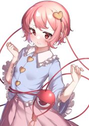 Rule 34 | 1girl, blouse, blue shirt, blush, buttons, closed mouth, collared shirt, commentary, cowboy shot, deko isu, frilled shirt, frilled shirt collar, frilled sleeves, frills, hair ornament, hands up, heart, heart button, heart hair ornament, highres, komeiji satori, looking at viewer, pink hair, pink skirt, red eyes, shirt, short hair, simple background, skirt, sleeves past elbows, solo, third eye, touhou, white background, wide sleeves