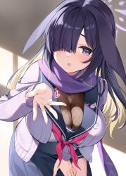 Rule 34 | 1girl, arm support, blonde hair, blowing kiss, blue archive, blush, cleavage, hair over one eye, halo, highres, leaning forward, long hair, long sleeves, lop rabbit ears, multicolored hair, open mouth, oryo (oryo04), purple eyes, purple hair, purple halo, purple scarf, rabbit ears, scarf, school uniform, see-through, see-through cleavage, see-through shirt, serafuku, solo, tsukuyo (blue archive), two-tone hair