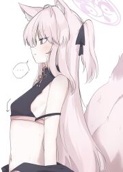 Rule 34 | ..., 1girl, animal ear fluff, animal ears, arrow (symbol), black ribbon, blue archive, blush, crop top, flat chest, fox ears, fox girl, fox tail, from side, grey eyes, hair ribbon, halo, highres, kuzunoha (blue archive), long hair, midriff, navel, parted lips, pink hair, pink tail, preste, ribbon, simple background, sleeveless, solo, spoken ellipsis, strap slip, sweat, tail, upper body, white background