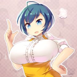 Rule 34 | 1girl, ahoge, blue eyes, blue hair, blueberry (5959), breasts, character request, hand on own hip, index finger raised, large breasts, matching hair/eyes, short hair, solo