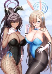 2girls absurdres animal_ears asuna_(blue_archive) asuna_(bunny)_(blue_archive) bare_shoulders black_hair black_halo black_leotard black_pantyhose blue_archive blue_bow blue_bowtie blue_eyes blue_leotard blue_ribbon blush bow bowtie breasts brown_hair check_commentary cleavage collar commentary commentary_request covered_navel dark-skinned_female dark_skin detached_collar fake_animal_ears fake_tail fishnet_pantyhose fishnets gloves hair_ribbon halo hand_on_own_hip hand_up high_ponytail highleg highleg_leotard highres karin_(blue_archive) karin_(bunny)_(blue_archive) korean_commentary large_breasts leotard long_hair looking_at_viewer mole mole_on_breast multicolored_hair multiple_girls official_alternate_costume open_mouth pantyhose playboy_bunny purple_hair rabbit_ears rabbit_tail ribbon semicolon9991 tail teeth traditional_bowtie upper_teeth_only very_long_hair white_collar white_gloves white_wrist_cuffs wrist_cuffs yellow_eyes