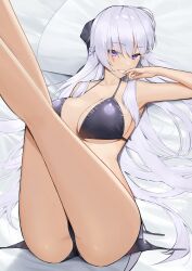 Rule 34 | 1girl, absurdres, alternate costume, azur lane, bare legs, belfast (azur lane), bikini, blue eyes, braid, breasts, cleavage, french braid, grey hair, grin, hand on own face, highres, large breasts, legs, legs up, long hair, long legs, looking at viewer, lordol, lying, on back, parted lips, smile, swimsuit, thighs, very long hair
