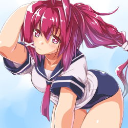 Rule 34 | 10s, 1girl, ahoge, bent over, blush, dd (ijigendd), hand on own head, i-168 (kancolle), kantai collection, long hair, one-piece swimsuit, ponytail, red eyes, red hair, school swimsuit, school uniform, serafuku, short sleeves, solo, swimsuit, swimsuit under clothes