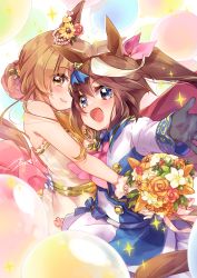 Rule 34 | 2girls, :d, animal ears, balloon, bare shoulders, black gloves, blue eyes, blush, bouquet, brown eyes, brown flower, brown hair, brown rose, closed mouth, commentary request, dress, ech, flower, gloves, hair bun, hair ribbon, highres, holding, holding bouquet, horse ears, horse girl, jacket, long hair, long sleeves, mayano top gun (sunlight bouquet) (umamusume), mayano top gun (umamusume), multicolored hair, multiple girls, open mouth, outstretched arm, pink ribbon, pleated skirt, ponytail, red flower, red rose, ribbon, rose, single hair bun, skirt, sleeves past wrists, smile, sparkle, strapless, strapless dress, streaked hair, tokai teio (umamusume), umamusume, white dress, white flower, white hair, white jacket, white skirt
