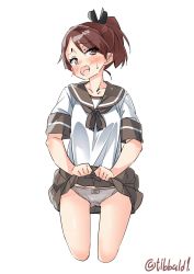Rule 34 | 10s, 1girl, bad id, bad twitter id, black ribbon, blush, bow, bow panties, brown eyes, brown hair, brown skirt, clothes lift, cowboy shot, cropped legs, ebifurya, grey bow, grey panties, hair ribbon, highres, inactive account, kantai collection, lifted by self, looking at viewer, open mouth, panties, pleated skirt, ribbon, school uniform, serafuku, shikinami (kancolle), short ponytail, short sleeves, simple background, skirt, skirt lift, solo, sweat, twitter username, underwear, white background