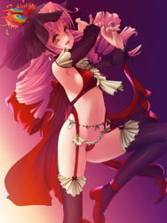 Rule 34 | 1girl, armpits, bikini, black thighhighs, breasts, closed mouth, detached sleeves, fantasy, frills, garter straps, high heels, leg up, lips, long hair, long sleeves, looking at viewer, medium breasts, original, pink hair, red bikini, red eyes, shaded face, sideboob, solo, st+1, standing, standing on one leg, swimsuit, thighhighs