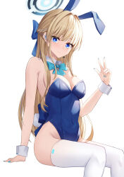 Rule 34 | 1girl, absurdres, animal ears, bare shoulders, blonde hair, blue archive, blue bow, blue eyes, blue hairband, blue leotard, blue nails, bow, bowtie, braid, breasts, closed mouth, detached collar, fake animal ears, hairband, halo, hand up, hidel, highleg, highleg leotard, highres, leotard, long hair, looking at viewer, medium breasts, official alternate costume, official alternate hairstyle, playboy bunny, rabbit ears, simple background, sitting, solo, thighhighs, thighs, toki (blue archive), toki (bunny) (blue archive), very long hair, w, white background, white thighhighs, wrist cuffs