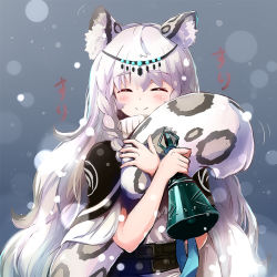 Rule 34 | 1girl, animal ear fluff, animal ears, arknights, bell, braid, closed eyes, commentary, hugging own tail, hugging tail, leopard ears, leopard tail, long hair, nitchi, pramanix (arknights), silver hair, smile, snow, solo, tail, upper body, very long hair