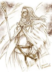 Rule 34 | 1boy, armor, beard, belt, breastplate, brown theme, cloak, closed mouth, commentary, contrapposto, dated, english commentary, facial hair, gandalf, highres, holding, holding staff, hood, hood down, hooded cloak, kazuki-mendou, long hair, male focus, old, old man, robe, scabbard, sheath, signature, solo, staff, standing, sword, the lord of the rings, tolkien&#039;s legendarium, tolkien's legendarium, weapon