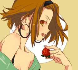 Rule 34 | 1girl, :d, bare shoulders, brown eyes, brown hair, earrings, food, fruit, hairband, jewelry, k-on!, listen!!, open mouth, round teeth, smile, solo, strawberry, tacomi, tainaka ritsu, teeth