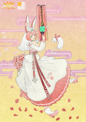 Rule 34 | alternate costume, animal, animal ears, breasts, dress, elphelt valentine, flower, folded clothes, girls&#039; frontline, green eyes, guilty gear, gun, highres, large breasts, long skirt, long sleeves, ms. travailler, neck ribbon, pink hair, pink ribbon, rabbit ears, red ribbon, ribbon, short hair, shotgun, skirt, solo, vcntkm, weapon, wedding dress, white dress, white skirt