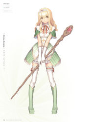Rule 34 | 1girl, artist name, blonde hair, boots, breasts, brown eyes, character name, cleavage, cleavage cutout, clothing cutout, copyright name, dress, elmina rodelia, frilled thighhighs, frills, full body, gloves, green footwear, hair between eyes, headdress, highres, holding, holding sword, holding weapon, layered skirt, long hair, medium breasts, neck ribbon, red ribbon, ribbon, shining (series), shining blade, simple background, skirt, solo, standing, sword, thighhighs, tony taka, weapon, white background, white gloves, white skirt, white thighhighs
