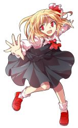 Rule 34 | &gt;:d, 1girl, :d, alphes (style), ascot, blonde hair, blouse, dairi, fang, foreshortening, full body, hair ribbon, open mouth, parody, red eyes, ribbon, rumia, shirt, short hair, skirt, smile, solo, style parody, touhou, transparent background, v-shaped eyebrows, vest