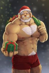 Rule 34 | 1boy, abs, absurdres, animal ears, bara, beard, box, brown fur, bulge, chest hair, chizo (chizo67), christmas, cowboy shot, dog boy, dog ears, facial hair, fluffy, furry, furry male, gift, gift box, hat, highres, incoming gift, large pectorals, male focus, mature male, muscular, muscular male, mustache, navel, navel hair, nipples, original, pectorals, red shorts, santa costume, santa hat, short hair, shorts, sideburns, snowing, solo, stomach, thick eyebrows, thick thighs, thighs, topless male, white hair