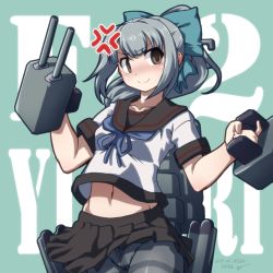Rule 34 | 1girl, 547th sy, adapted turret, anger vein, aqua background, black sailor collar, black skirt, bow, brown eyes, cannon, commentary request, cosplay, cowboy shot, empty eyes, fubuki (kancolle), fubuki (kancolle) (cosplay), grey hair, hair bow, highres, kantai collection, long hair, looking at viewer, navel, panties, panties under pantyhose, pantyhose, pleated skirt, ponytail, sailor collar, school uniform, serafuku, skirt, solo, text background, thighband pantyhose, turret, underwear, yuubari (kancolle)