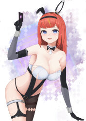 Rule 34 | 1girl, :d, absurdres, arm up, bare shoulders, black bow, black bowtie, black gloves, blonde hair, blue eyes, bow, bowtie, breasts, brown pantyhose, card, cleavage, collarbone, detached sleeves, gloves, grey sleeves, groin, highres, holding, holding card, large breasts, long hair, long sleeves, looking at viewer, multicolored hair, open mouth, orange hair, pantyhose, sato art, single leg pantyhose, smile, snowbreak: containment zone, solo, streaked hair, tess kotkin, thighband pantyhose, white background