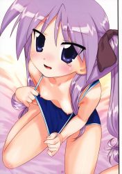 Rule 34 | 00s, 1girl, bed, blue eyes, breasts, clothes pull, downblouse, flashing, hechi, highres, hiiragi kagami, lucky star, nipple slip, nipples, one-piece swimsuit, one-piece swimsuit pull, pulled by self, purple hair, school swimsuit, shirt pull, sitting, small breasts, solo, swimsuit, twintails, wariza