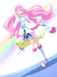 Rule 34 | 1girl, 32zzz, ahoge, ascot, asymmetrical bangs, blue bow, boots, bow, braid, commentary, cure prism, dress, earrings, elbow gloves, english commentary, flipped hair, frilled dress, frills, gloves, green eyes, hair bow, highres, hirogaru sky! precure, jewelry, knee boots, layered skirt, long hair, nijigaoka mashiro, one eye closed, open mouth, pink hair, precure, revision, side braids, single earring, skirt, sleeveless, sleeveless dress, solo, teeth, upper teeth only, very long hair, waist bow, white ascot, white bow, white dress, white footwear, white gloves, wing hair ornament