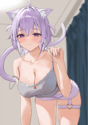 1girl animal_ear_fluff animal_ears bare_shoulders black_camisole blurry blurry_background blush breasts camisole cat_ears cat_girl cat_tail cleavage haro_art highres hololive large_breasts medium_hair nekomata_okayu nekomata_okayu_(membership) purple_eyes purple_hair purple_shorts shorts single_off_shoulder solo spaghetti_strap tail virtual_youtuber