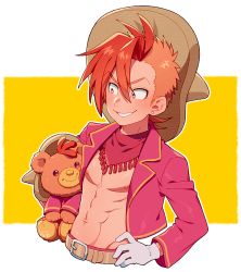 Rule 34 | 1boy, abs, bad id, bad twitter id, bandana, belt, bright pupils, cropped jacket, disney, ear piercing, gloves, hand on own hip, jacket, kiri futoshi, male focus, multicolored hair, nipples, orange hair, panchito pistoles, personification, piercing, red eyes, topless male, signature, simple background, smile, solo, stuffed animal, stuffed toy, teddy bear, the three caballeros, two-tone hair, white gloves, yellow background