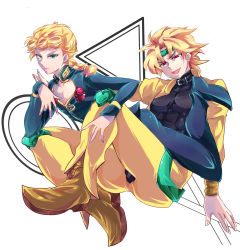 Rule 34 | 2boys, absurdres, age difference, androgynous, bad id, bad pixiv id, blonde hair, dio brando, father and son, giorno giovanna, green eyes, highres, jojo no kimyou na bouken, multiple boys, pectoral cleavage, pectorals, red eyes, simple background, vento aureo, victory rolls