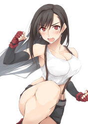 Rule 34 | 1girl, ankle socks, black hair, black skirt, breasts, cleavage, earrings, elbow gloves, feet out of frame, fighting stance, final fantasy, final fantasy vii, final fantasy vii remake, fingerless gloves, gloves, highres, jewelry, knee up, large breasts, legs, long hair, low-tied long hair, midriff, open mouth, parted bangs, pencil skirt, red eyes, shirt, skirt, socks, solo, suspender skirt, suspenders, tank top, taut clothes, taut shirt, tifa lockhart, white background, white tank top, zekkyon