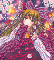 Rule 34 | 1girl, ascot, blush, bow, brown hair, cherry blossoms, closed mouth, detached sleeves, flower, frilled bow, frilled hair tubes, frilled shirt collar, frills, hair bow, hair tubes, hakurei reimu, head tilt, holding, holding flower, long hair, looking at viewer, marker (medium), petals, pink eyes, pink flower, purple background, red bow, red shirt, red skirt, rui (sugar3), sample watermark, shirt, skirt, skirt set, smile, solo, too many, too many frills, touhou, traditional media, watermark, wide sleeves, yellow ascot