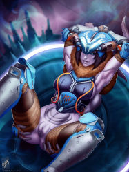 Rule 34 | 1girl, abs, anus, armor, armpits, arms behind head, ass grab, blue sclera, breastplate, breasts, clitoris, colored sclera, colored skin, destiny (game), extra arms, extra pupils, gauntlets, genderswap, genderswap (mtf), grabbing own ass, greaves, headgear, highres, humanization, legs up, looking at viewer, lying, purple skin, pussy, sideboob, signature, skolas, solo, source request, spread legs, themaestronoob, thighs, white eyes