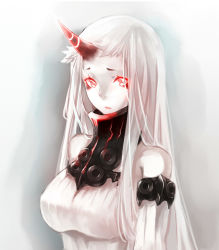 Rule 34 | 10s, 1girl, abyssal ship, breasts, female focus, glowing, glowing eyes, gradient background, grey background, highres, horns, kantai collection, large breasts, long hair, looking at viewer, red eyes, ribbed sweater, seaport princess, single horn, solo, sweater, upper body, white hair, yan wen zi