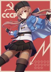 Rule 34 | 1girl, black footwear, black ribbon, black skirt, boots, brown eyes, brown hair, brown thighhighs, closed mouth, cyrillic, fingerless gloves, fur hat, gloves, hair between eyes, hair ornament, hair ribbon, hairclip, hammer and sickle, hat, highres, jacket, kantai collection, long hair, miniskirt, pantyhose, papakha, pleated skirt, red shirt, ribbon, shirt, skirt, smile, solo, soviet, star (symbol), tashkent (kancolle), thigh boots, thighhighs, twintails, yakob labo