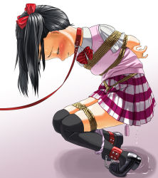 Rule 34 | 1girl, arms behind back, bdsm, black footwear, black hair, black thighhighs, blush, bondage, bound, bound arms, bound legs, bow, bowtie, breasts, buttons, chain, clenched teeth, closed eyes, collar, collared shirt, controller, crotch rope, cuffs, ear blush, embarrassed, female focus, from side, gradient background, hair bow, hair ribbon, highres, itou tatsuya, leaning forward, leash, love live!, m/, medium hair, miniskirt, nose blush, pee, peeing, peeing self, pigeon-toed, pink skirt, pink vest, pleated skirt, puddle, red bow, red bowtie, red ribbon, remote control, remote control vibrator, ribbon, rope, school uniform, sex toy, shackles, shibari, shibari over clothes, shiny skin, shirt, shoes, short sleeves, simple background, skindentation, skirt, small breasts, solo, squatting, striped bow, striped bowtie, striped clothes, striped neckwear, striped skirt, sweat, sweater vest, tears, teeth, thighhighs, twintails, vest, vibrator, vibrator cord, vibrator under clothes, white background, white shirt, yazawa nico