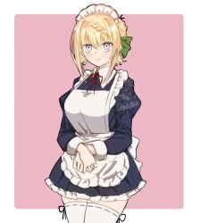 Rule 34 | 1girl, alternate costume, apron, black dress, blonde hair, blush, border, closed mouth, cowboy shot, dress, enmaided, hair between eyes, highres, juliet sleeves, kantai collection, long sleeves, maid, maid headdress, mochizou, perth (kancolle), puffy sleeves, purple eyes, short hair, signature, solo, thighhighs, twitter username, white apron, white border, white thighhighs
