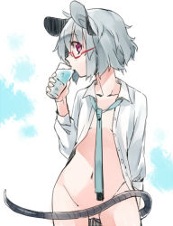 Rule 34 | 1girl, akagashi hagane, animal ears, bad id, bad pixiv id, bespectacled, bottomless, censored, convenient censoring, dress shirt, drinking, glasses, grey hair, mouse ears, mouse tail, navel, nazrin, necktie, open clothes, open shirt, red-framed eyewear, red eyes, shirt, short hair, solo, tail, touhou, undone necktie
