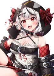 Rule 34 | 1girl, :d, animal hood, belt collar, black collar, black gloves, black hair, blush, bow, braid, breasts, camisole, caution, cleavage, collar, fang, fingerless gloves, frilled camisole, frills, gloves, grey hair, hair ornament, hand up, heart, heart collar, heart pendant, highres, hololive, hood, hood up, large breasts, long sleeves, looking at viewer, medium hair, multicolored hair, nagura shiro, off-shoulder jacket, off shoulder, open mouth, orca hood, plaid, plaid bow, plaid skirt, red eyes, sakamata chloe, skirt, smile, solo, streaked hair, virtual youtuber, white background, white camisole, x hair ornament