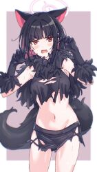 1girl animal_ears black_gloves black_hair black_skirt blue_archive blush breasts cat_ears claw_pose commentary_request crop_top elbow_gloves fang fur_trim gloves halo highres karahai_(31448823) kazusa_(blue_archive) kazusa_(halloween)_(blue_archive) looking_at_viewer medium_breasts navel open_mouth pink_hair red_eyes skirt solo sweat tail torn_clothes two-tone_background