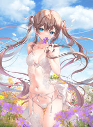 Rule 34 | 1girl, arm behind back, bare shoulders, blue eyes, blue sky, bra, breasts, brown hair, cleavage, cloud, collarbone, commentary, covered mouth, cowboy shot, crossed bangs, day, falling petals, floating hair, flower, front-tie top, garter belt, gluteal fold, hair between eyes, hair ribbon, hand up, highres, holding, holding flower, holding hair, lace, lace bra, lingerie, long hair, medium breasts, miwabe sakura, navel, orange flower, original, outdoors, panties, petals, purple flower, ribbon, side-tie panties, single thighhigh, sky, small breasts, smelling flower, solo, stomach, string panties, symbol-only commentary, thigh gap, thighhighs, thighs, twintails, underwear, underwear only, very long hair, white bra, white flower, white garter belt, white panties, white ribbon, white thighhighs, yellow flower