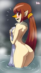 Rule 34 | 1girl, :d, artist name, ass, back, beak, bigdead, blush, breasts, brown hair, covering privates, covering breasts, embarrassed, female focus, highres, long hair, medli, nintendo, nude, open mouth, pointy ears, ponytail, profile, red eyes, rito, sideboob, smile, solo, standing, tagme, the legend of zelda, the legend of zelda: the wind waker, thighs, very long hair, wading, water