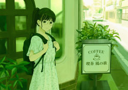 Rule 34 | 1girl, backpack, bag, black hair, blurry, blurry background, cafe, closed mouth, commentary, cowboy shot, dress, english commentary, floral print, glasses, holding strap, light blush, long hair, looking at viewer, original, outdoors, papi (papiron100), plant, ponytail, potted plant, short sleeves, signature, smile, solo, standing, sundress, translation request, white dress