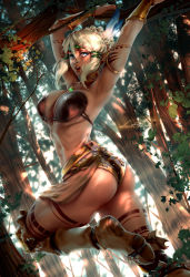 Rule 34 | 1girl, aleriia v, arm tattoo, armlet, armor, armpits, arms up, ass, warrior of light (ff14), belt, bikini, bikini armor, blue eyes, boots, braid, breasts, brown footwear, commentary, commission, crown braid, dappled sunlight, day, earrings, elezen, elf, english commentary, fictional persona, fillia einhart (eirgallant), final fantasy, final fantasy xiv, forest, green headband, green ribbon, hair between eyes, hair ribbon, headband, in tree, jewelry, large breasts, leg tattoo, leg up, lips, looking back, loose belt, nature, neck ring, necklace, nose, open mouth, pendant, pinup (style), platinum blonde hair, pointy ears, ribbon, solo, strapless, strapless bikini, sunlight, swimsuit, tattoo, teeth, thick eyebrows, thick thighs, thigh boots, thighhighs, thighs, toned, tree, tribal tattoo, twisted torso, updo, upper teeth only, vambraces