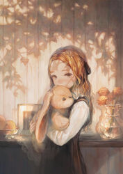 Rule 34 | 1girl, apple, black dress, blush, brown eyes, brown hair, commentary, covered mouth, drawing (object), dress, fingernails, flower, food, forehead, frills, fruit, highres, holding, holding stuffed toy, hotatenshi, long hair, long sleeves, looking at viewer, marigold, nose blush, nostrils, orange flower, original, pinafore dress, shadow, sleeveless, sleeveless dress, solo, stuffed animal, stuffed rabbit, stuffed toy, upper body, vase, wall, wavy hair