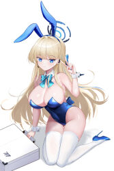 Rule 34 | 1girl, absurdres, alternate breast size, animal ears, aqua bow, aqua bowtie, back bow, bare hips, bare shoulders, blonde hair, blue archive, blue eyes, blue footwear, blue halo, blue leotard, blue nails, bow, bowtie, breasts, cleavage, closed mouth, covered navel, detached collar, fake animal ears, full body, gluteal fold, halo, headset, high heels, highleg, highleg leotard, highres, kneeling, large breasts, leotard, light smile, long hair, looking at viewer, multicolored hair, nail polish, niballl, playboy bunny, rabbit ears, simple background, skindentation, solo, streaked hair, suitcase, swept bangs, thigh gap, thighhighs, toki (blue archive), toki (bunny) (blue archive), tsurime, very long hair, white background, white thighhighs, wrist cuffs