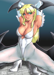 Rule 34 | 1girl, armpit hair, armpits, arms behind head, arms up, blonde hair, breasts, capcom, cleavage, covered navel, demon girl, green eyes, high heels, highres, large breasts, leotard, licking lips, long hair, morrigan aensland, pubic hair, qkat (arikawa-dou), see-through, solo, spread legs, tongue, tongue out, vampire (game)
