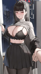 Rule 34 | 1girl, absurdres, black bra, black hair, black pantyhose, black skirt, blue archive, blunt bangs, blush, bra, breasts, building, clothes pull, hair ornament, hairclip, halo, highres, holding another&#039;s wrist, huge breasts, jacket, jacket partially removed, large breasts, long hair, long skirt, long sleeves, looking at viewer, pantyhose, parted lips, pleated skirt, pov, pov hands, red eyes, rio (blue archive), samart, skirt, solo focus, sweater, sweater pull, turtleneck, turtleneck sweater, underwear, very long hair, white sweater