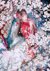 Rule 34 | 1girl, brown hair, cherry blossoms, flower, hair flower, hair ornament, highres, japanese clothes, kimono, original, petals, ponponpananda, smile, solo