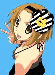 Rule 34 | 00s, 1girl, bare shoulders, breasts, brown eyes, brown hair, don&#039;t say &quot;lazy&quot;, female focus, flower, gucchie, hair flower, hair ornament, halterneck, headband, k-on!, light brown hair, looking up, short hair, simple background, smile, solo, spaghetti strap, striped, tainaka ritsu, tomboy, v