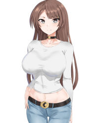 Rule 34 | 1girl, alternate breast size, belt, breasts, brown hair, c-sha, casual, choker, commission, denim, grey eyes, hair ornament, hairclip, hand on own hip, highres, jeans, large breasts, long hair, looking at viewer, navel, neptune (series), paid reward available, pants, pixiv commission, shin jigen game neptune vii, skin tight, smile, solo, zatsu