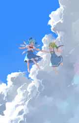 Rule 34 | 2girls, absurdres, barefoot, blue dress, blue hair, blue skirt, blue vest, cirno, closed eyes, cloud, cloudy sky, collared shirt, commentary request, daiyousei, day, detached wings, dress, fairy, fairy wings, green eyes, green hair, highres, ice, ice wings, long hair, multiple girls, open mouth, puffy short sleeves, puffy sleeves, rangque (user vjjs4748), revision, shirt, short hair, short sleeves, side ponytail, skirt, sky, smile, touhou, vest, white shirt, wings