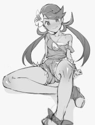 Rule 34 | 1girl, creatures (company), flower, game freak, greyscale, hair flower, hair ornament, hizuki akira, looking at viewer, lying, mallow (pokemon), monochrome, nintendo, on back, pokemon, pokemon sm, solo, thighs, tight clothes, tongue, trial captain, twintails, undressing, white background